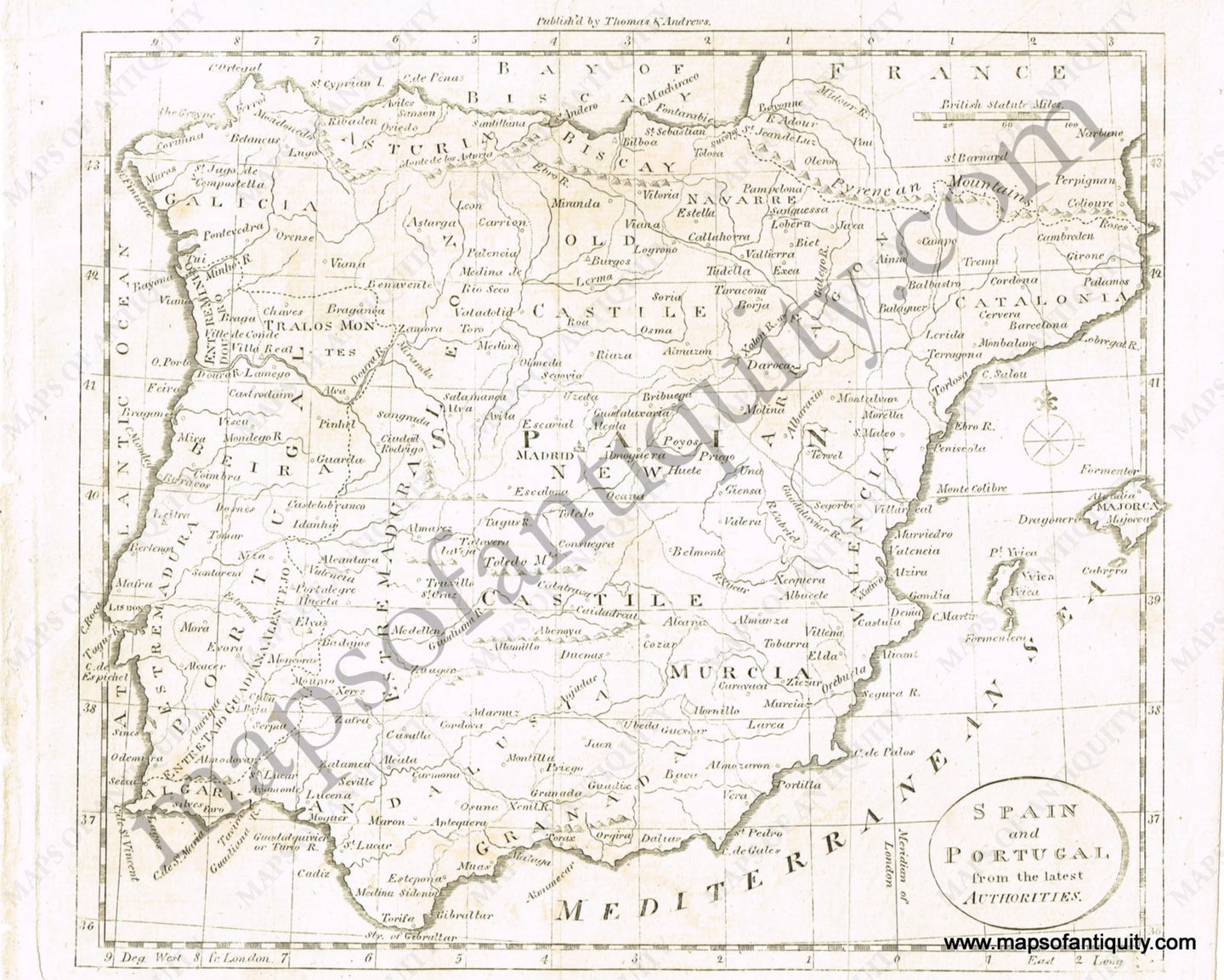 Antique-Black-and-White-Map-Spain-and-Portugal-From-the-Latest-Authorities-Europe-Spain-&-Portugal-1790-Dilly-Maps-Of-Antiquity