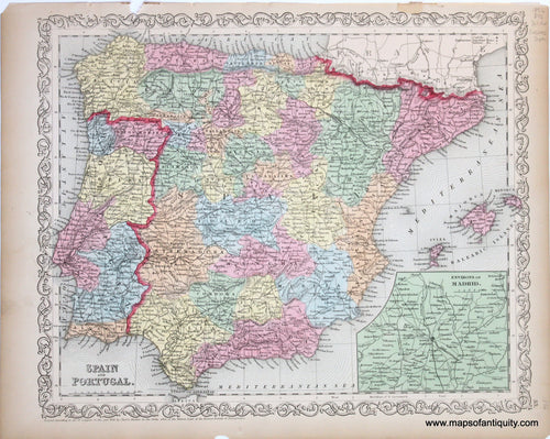 Antique-Hand-Colored-Map-Spain-and-Portugal-Europe-Spain-&-Portugal-1856-Desilver-Maps-Of-Antiquity