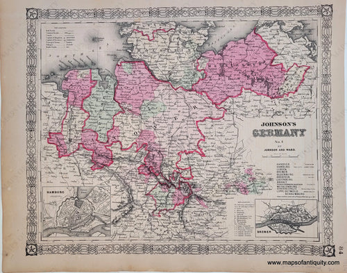 Antique-Hand-Colored-Map-Johnson's-Germany-No.-1-Europe-Northern-Germany-Hamburg-Bremen-1864-Johnson-and-Ward-Maps-Of-Antiquity