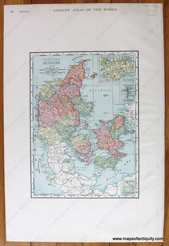 Antique-Printed-Color-Map-The-Rand-McNally-New-Library-Atlas-Map-of-Denmark-Europe-Scandinavia-Denmark-&-Iceland--1912-Rand-McNally-Maps-Of-Antiquity
