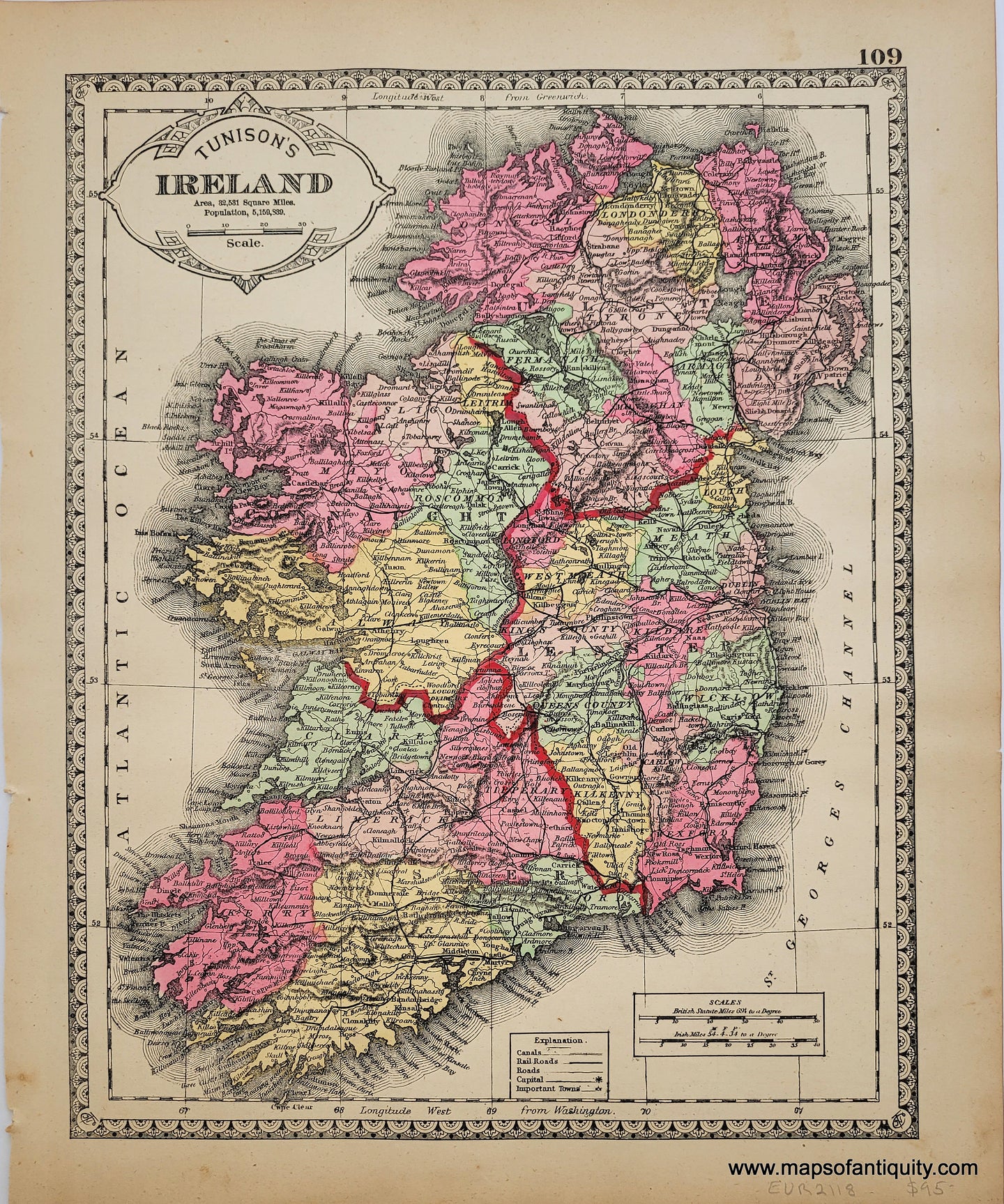 1887 - Tunison's Ireland, verso: Tunison's France - Antique Map