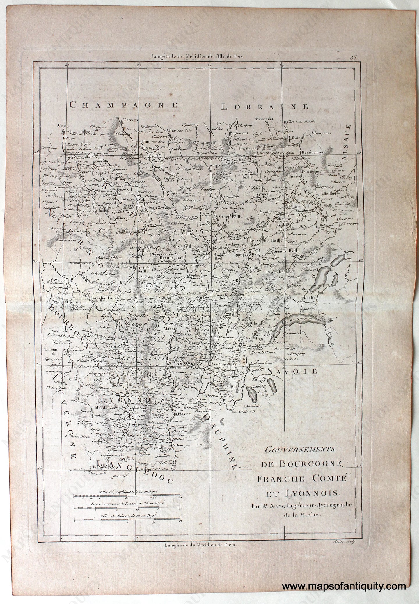 Antique-Map-France-Bourgogne-Burgundy-Franche-Comte-Lyonnais-Lyonnois-Bonne-Desmarest-1787 Uncolored map of part of France, printed in black ink on paper that has browned (toned) over the years. There is a title and scale of miles at the bottom.