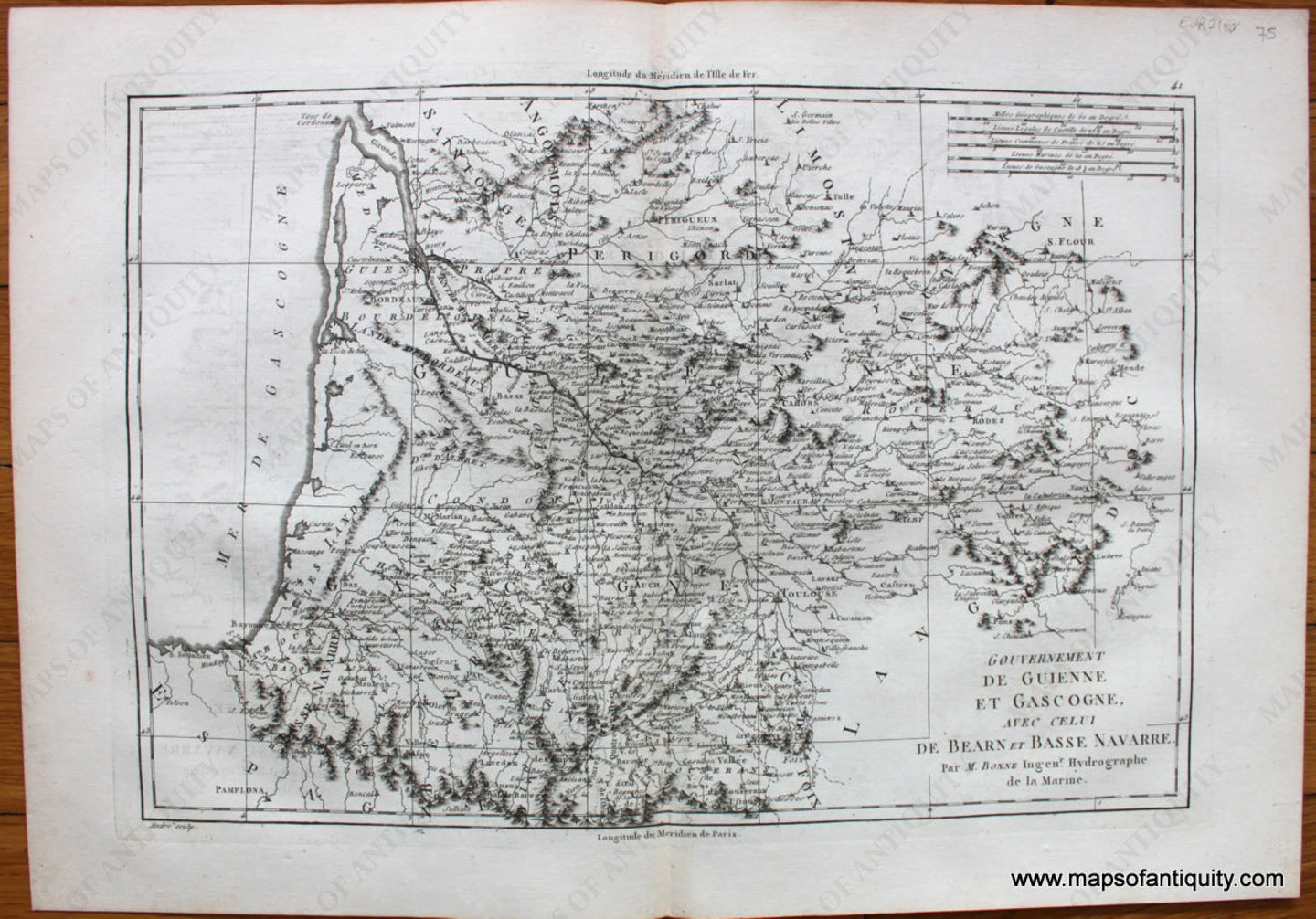 Antique-Map-France-Guienne-Gascogne-Bearn-Basse-Navarre-Bonne-Desmarest-1787