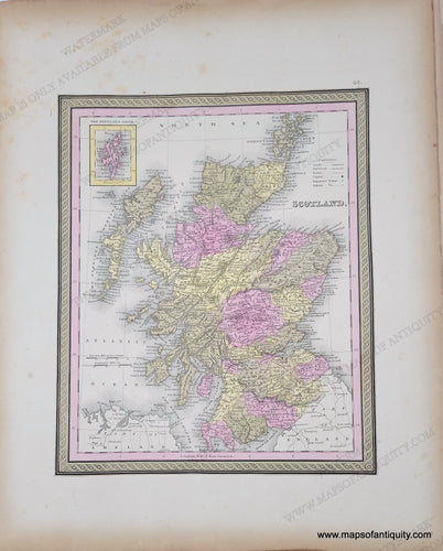 Antique Map with original hand-coloring in tones of green, yellow, peach, and pink. 
Antique-Map-Scotland-Mitchell-1851