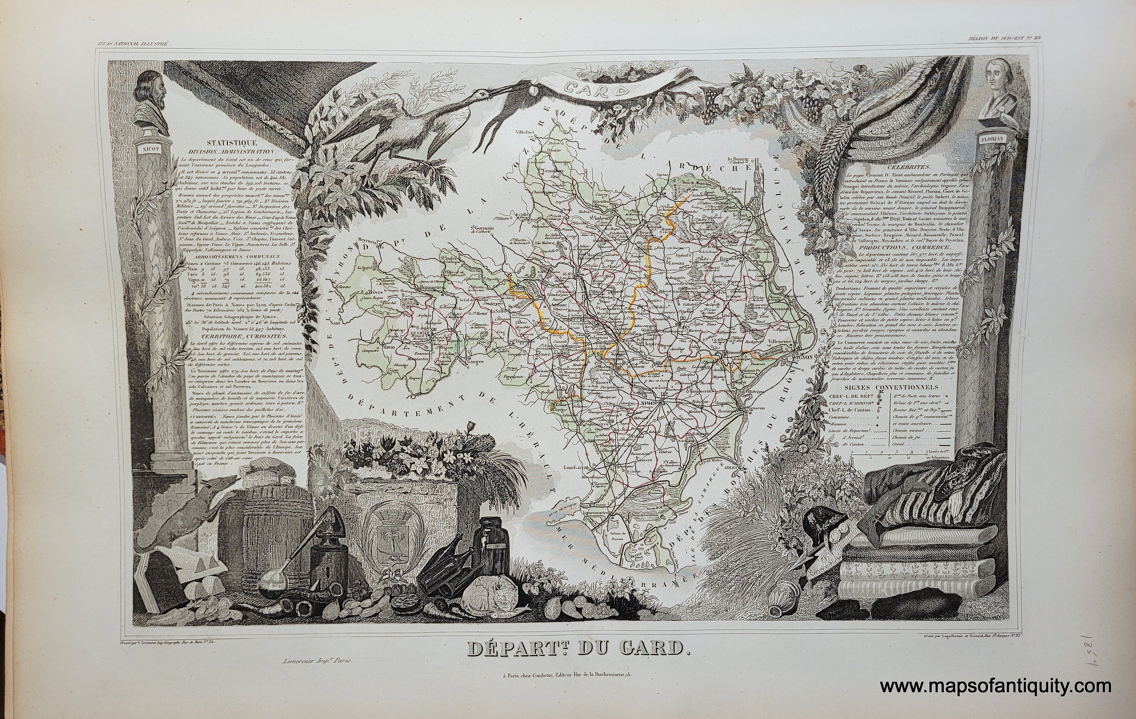 1854 - France - Dept. du Gard (France) - Antique Map – Maps of Antiquity
