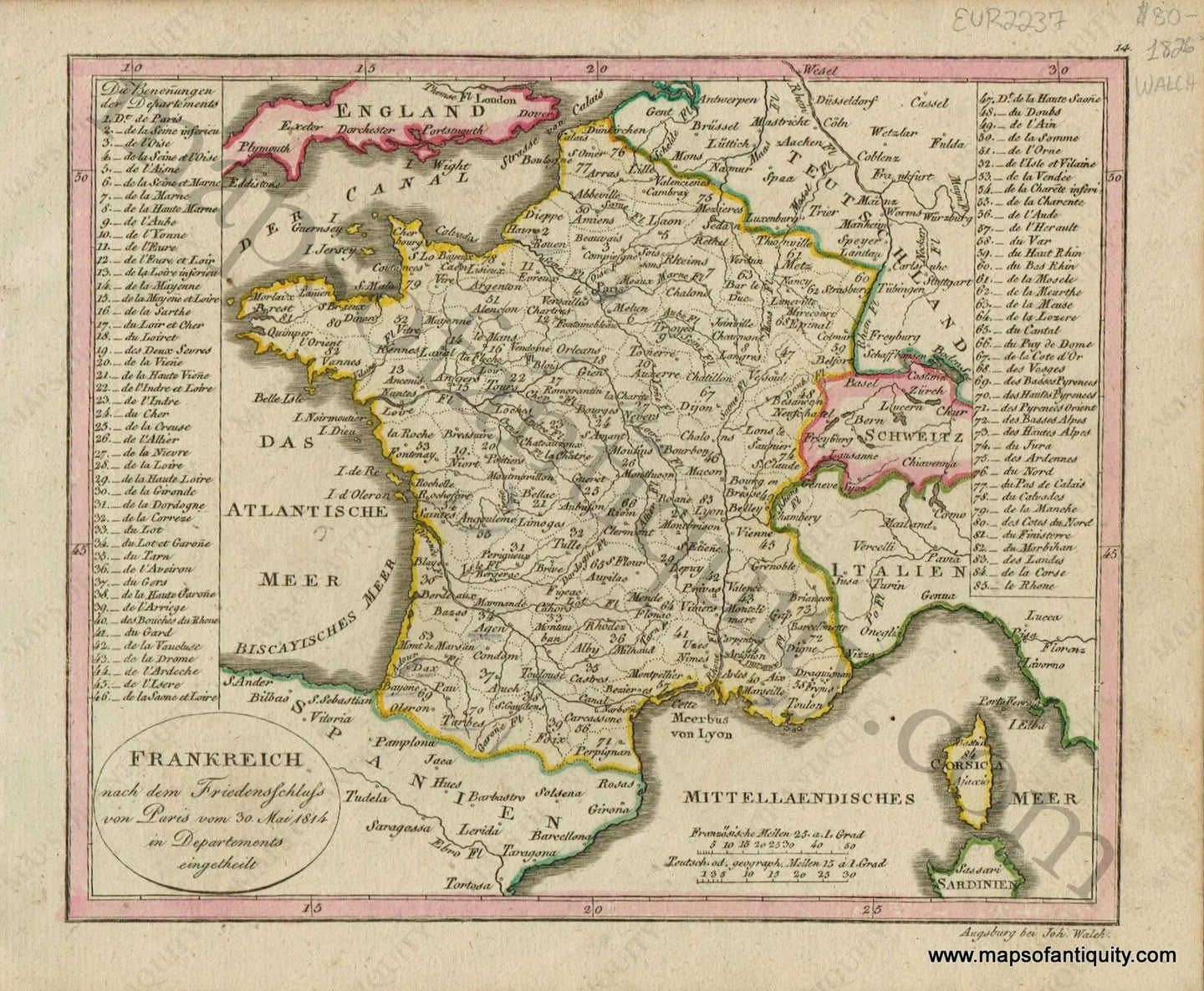 Antique-Map-Frankreich-nach-dem-Friedensschluss-von-Paris-vom-30-Mai-1814-in-Departements-eingetheilt-German-Walch-Neuester-Schul-Atlass-1826-1820s-Early-19th-Century-Maps-of-Antiquity