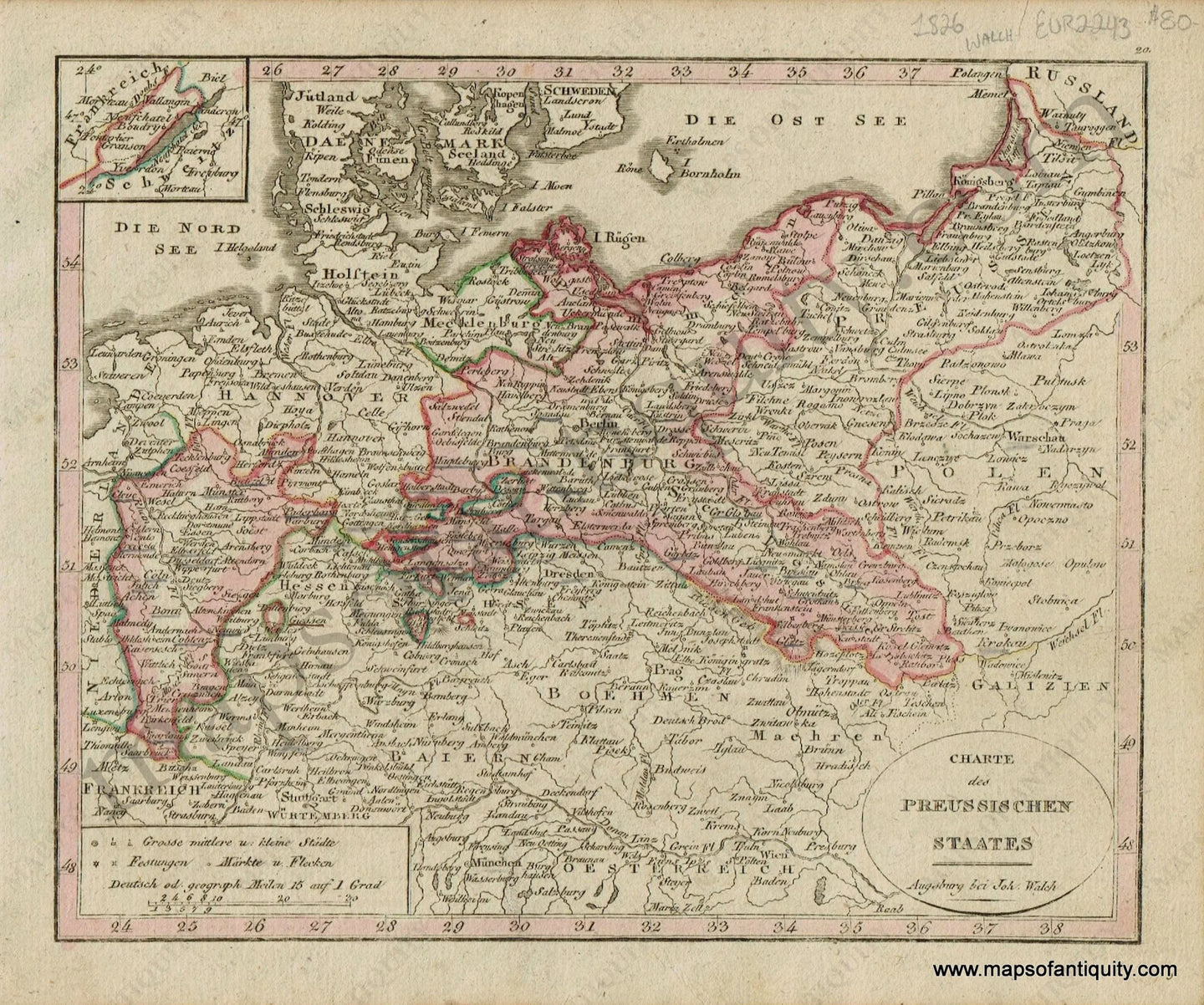 Antique-Map-Charte-des-Preussischen-Staates-Prussian-State-Prussia-German-Walch-Neuester-Schul-Atlass-1826-1820s-Early-19th-Century-Maps-of-Antiquity