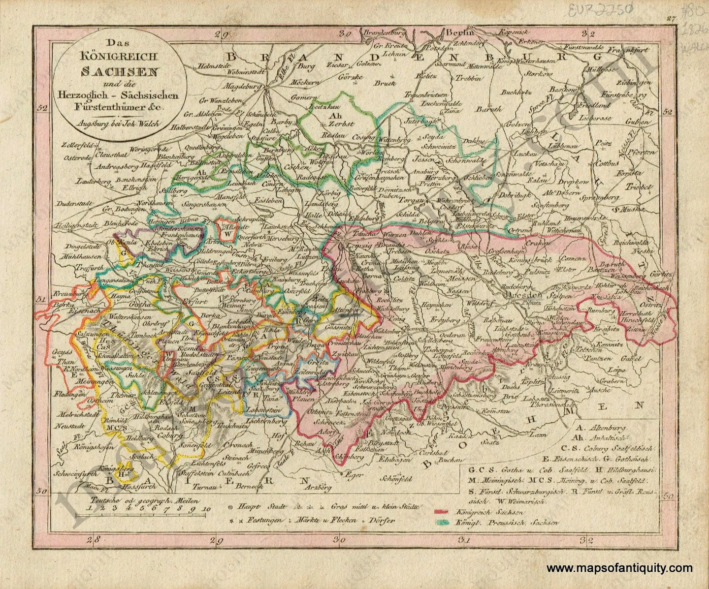 Antique-Das-Konigreich-Sachsen-und-die-Herzoglich-Sachsischen-Furstenthumer-&c.-The-Kingdom-of-Saxony-and-the-Duke-of-Sachsische-Furstenthumer-Kingdoms-Germany-German-Walch-Neuester-Schul-Atlass-1826-1820s-Early-19th-Century-Maps-of-Antiquity