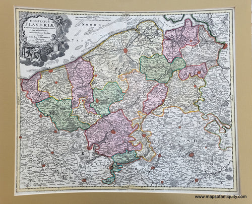 Antique-Hand-Colored-Map-Flanders-Belgium-France-Europe-Comitatus-Flandriae-in-omnes-ejusdem-subjacentes-Ditioes-cum-adjacentibus-accuratissime-divissus-sumtibus-Ioh.-Bapt.-Homanni-Europe-Holland-c.-1750-Johann-Baptist-Homann-Maps-Of-Antiquity