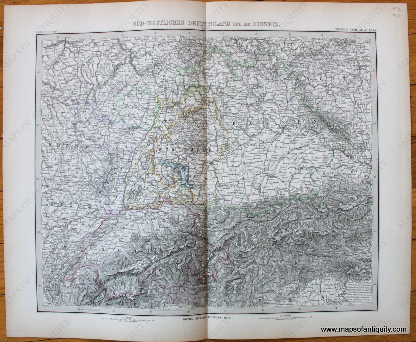 Antique-Map-Deutschland-Europe-Germany-Switzerland-Austria-Tirol-Schweiz-Sud-Westliches-Stieler-1876-1870s-1800s-19th-century-Maps-of-Antiquity