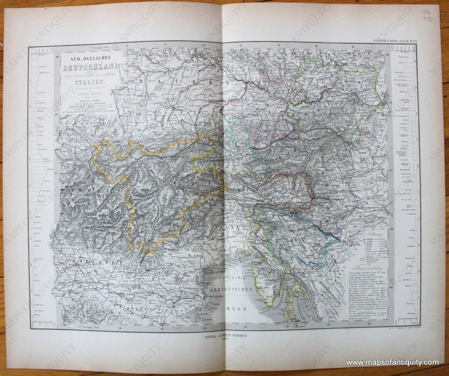 Antique-Map-Deutschland-Europe-Germany-Switzerland-Austria-Italy-Tirol-Schweiz-Sud-Ostliches-Stieler-1876-1870s-1800s-19th-century-Maps-of-Antiquity