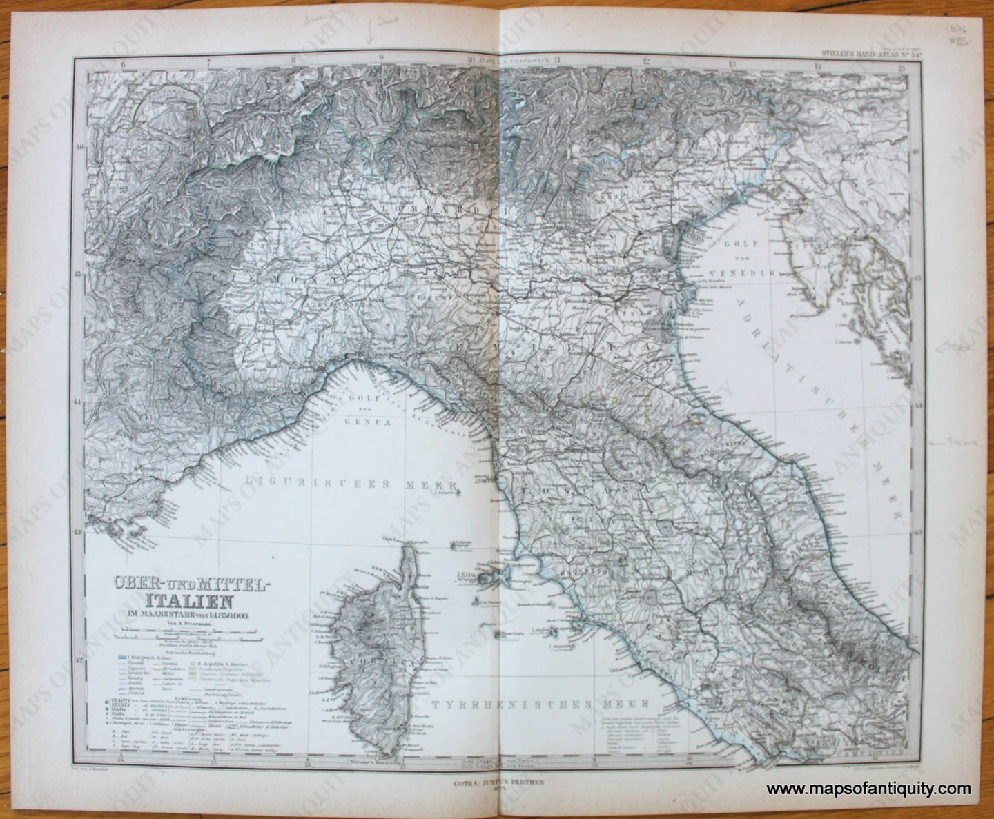 Antique-Map-ober-und-mittel-Italien-Italy-Stieler-1876-1870s-1800s-19th-century-Maps-of-Antiquity