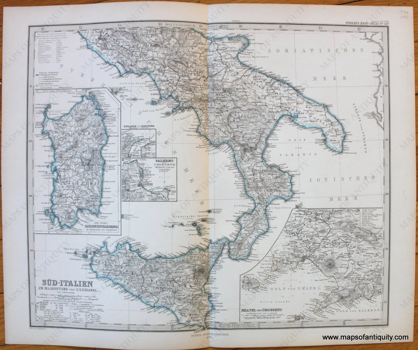 Antique-Map-Sud-Italien-Southern-Italy-Sicily-Stieler-1876-1870s-1800s-19th-century-Maps-of-Antiquity