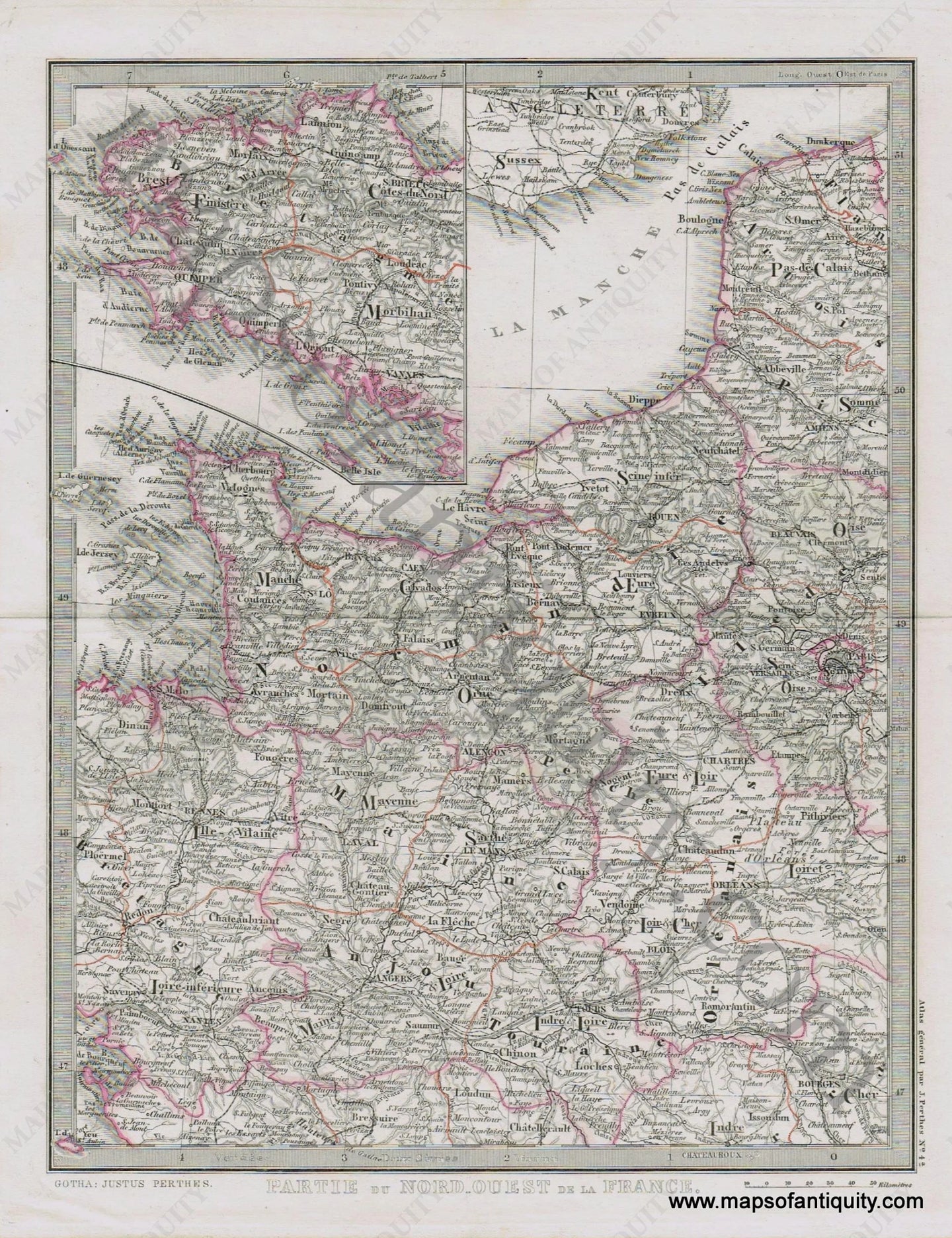 France-Partie-du-Nord-Ouest-de-la-France-Perthes-1871-Antique-Map-1870s-1800s-19th-century-Maps-of-Antiquity