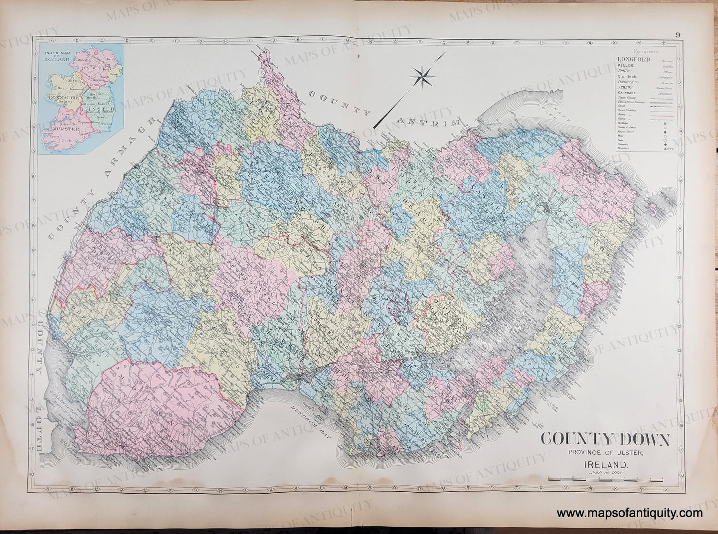 Antique map with original colors of yellow, pink, blue, and green. 
 Antique-Map-County-Down-Province-of-Ulster-Ireland-Richards-1901-Maps-Of-Antiquity
