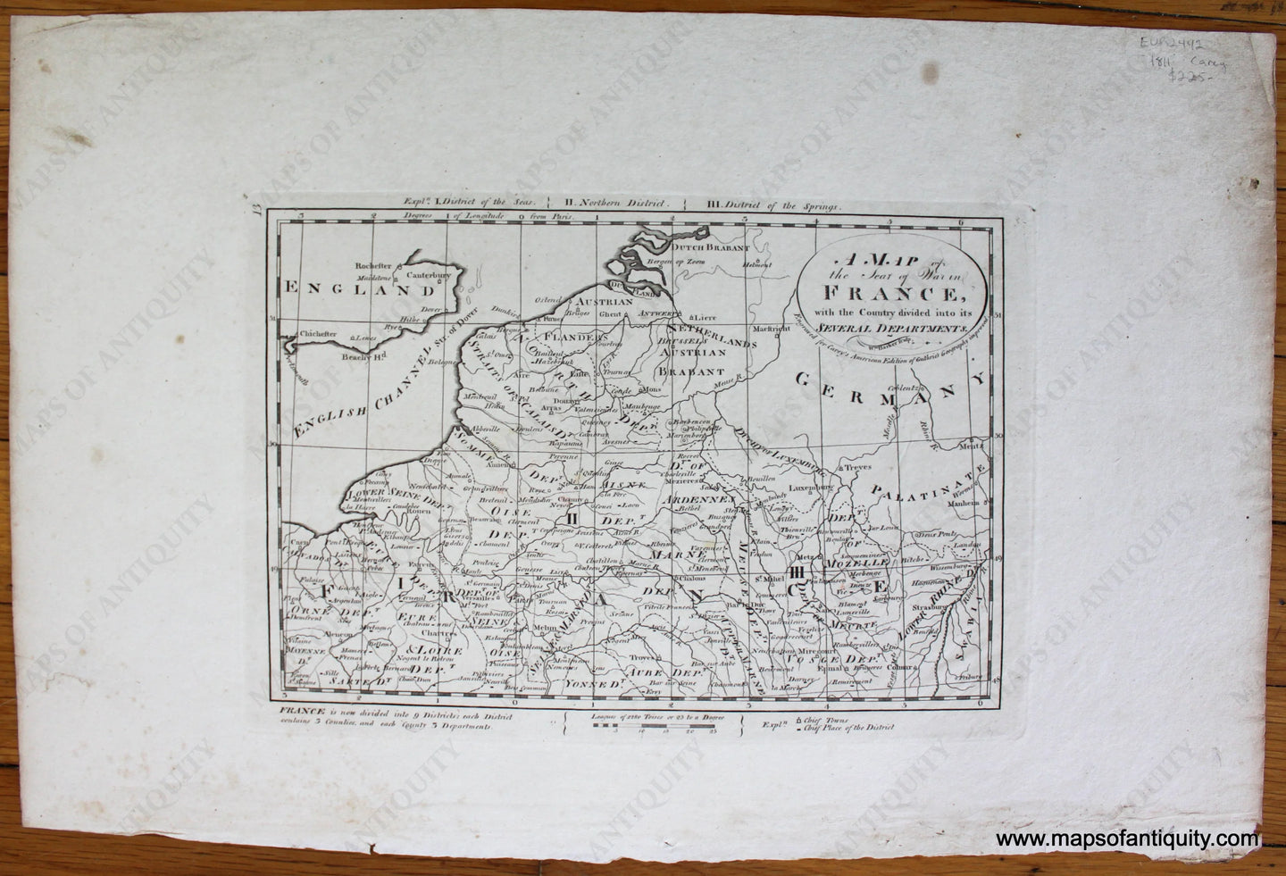 1811 - A Map Of The Seat War In France With Country Divided Into Its Several Departments Antique