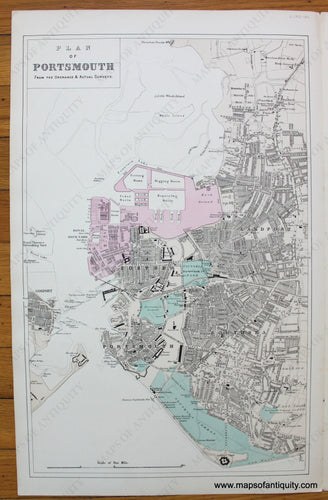 Antique-Map-Plan-of-Portsmouth-c.-1890-Bacon-England-1800s-19th-century-Maps-of-Antiquity