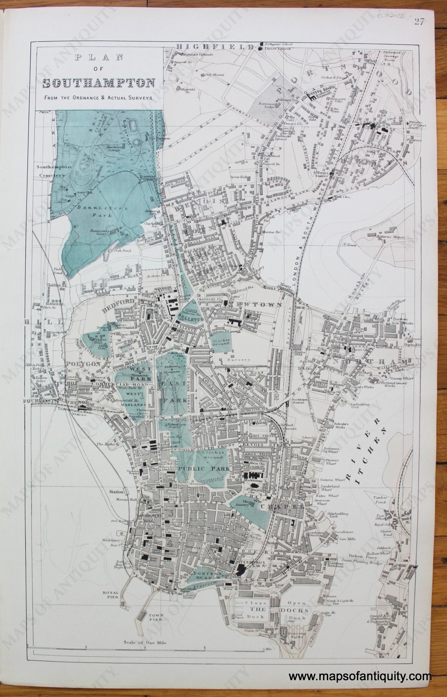 Antique-Map-Plan-of-Southampton-c.-1890-Bacon-England-1800s-19th-century-Maps-of-Antiquity