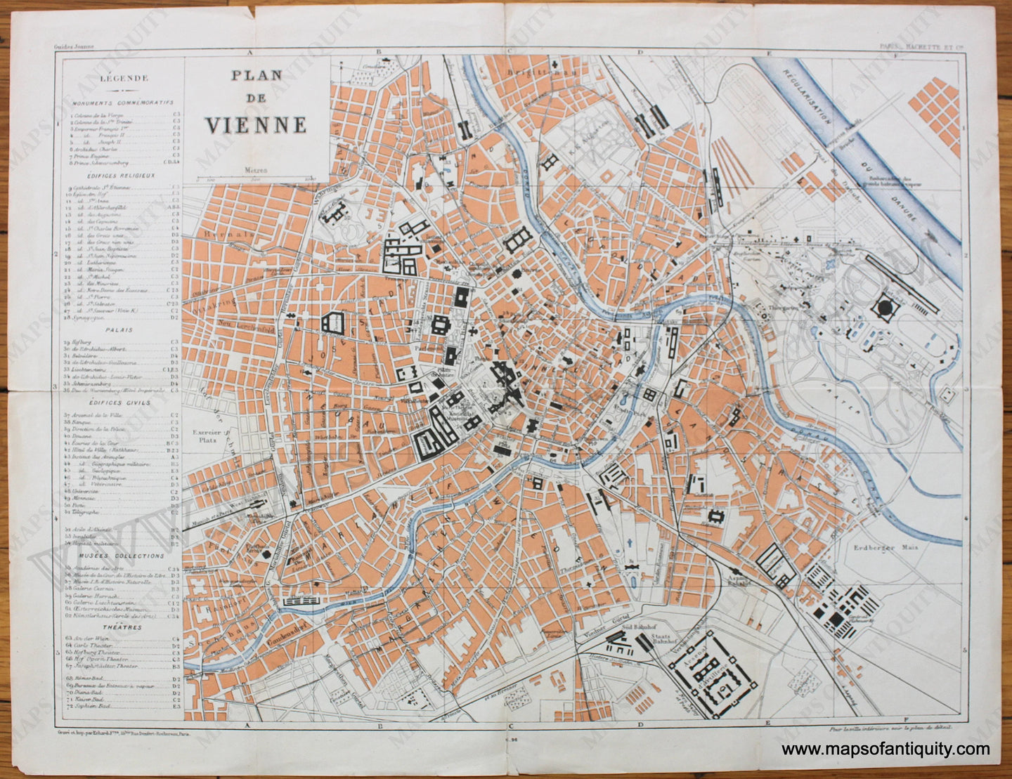 Antique-Printed-Color-Map-Plan-de-Vienne-Vienna-c.-1890-Hachette-Austria-1800s-19th-century-Maps-of-Antiquity