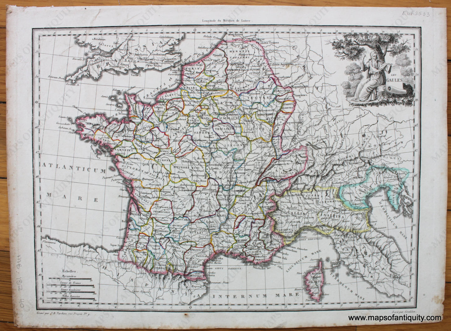 1812 - Les Gaules Ancient France Antique Map Genuine Hand-Colored