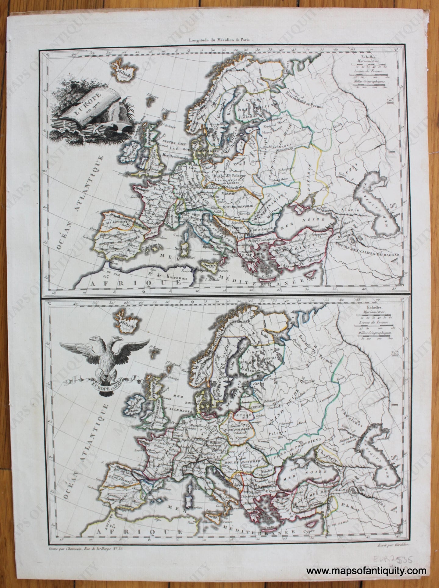 Antique-Hand-Colored-Map-Europe-en-900-Europe-en-1100-1812-Malte-Brun-Lapie-1800s-19th-century-Maps-of-Antiquity