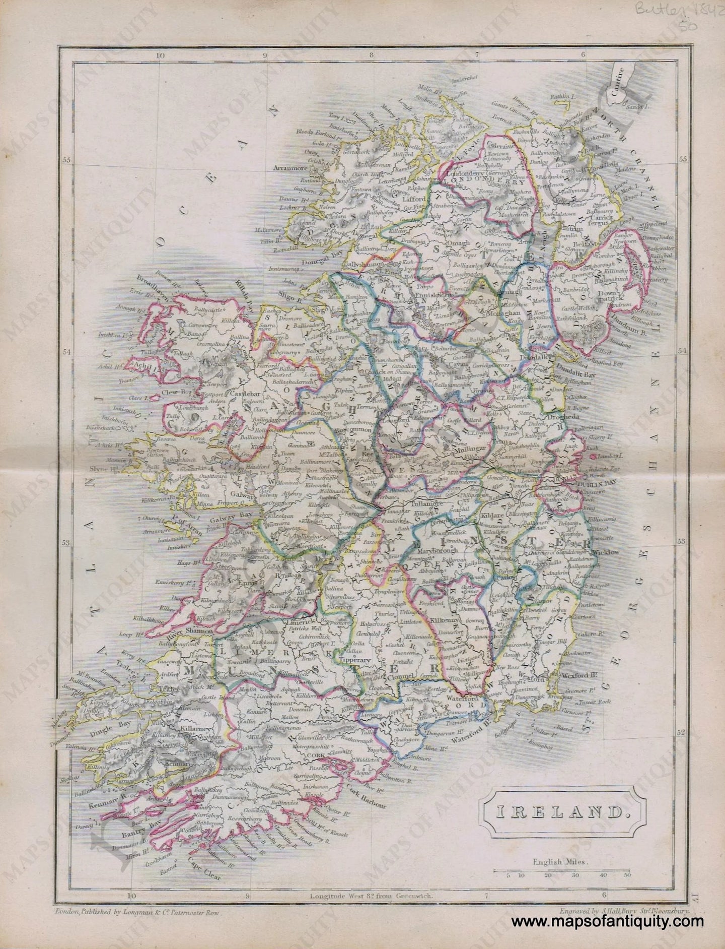 Antique-Hand-Colored-Map-Ireland.-1842-Butler-Ireland-1800s-19th-century-Maps-of-Antiquity