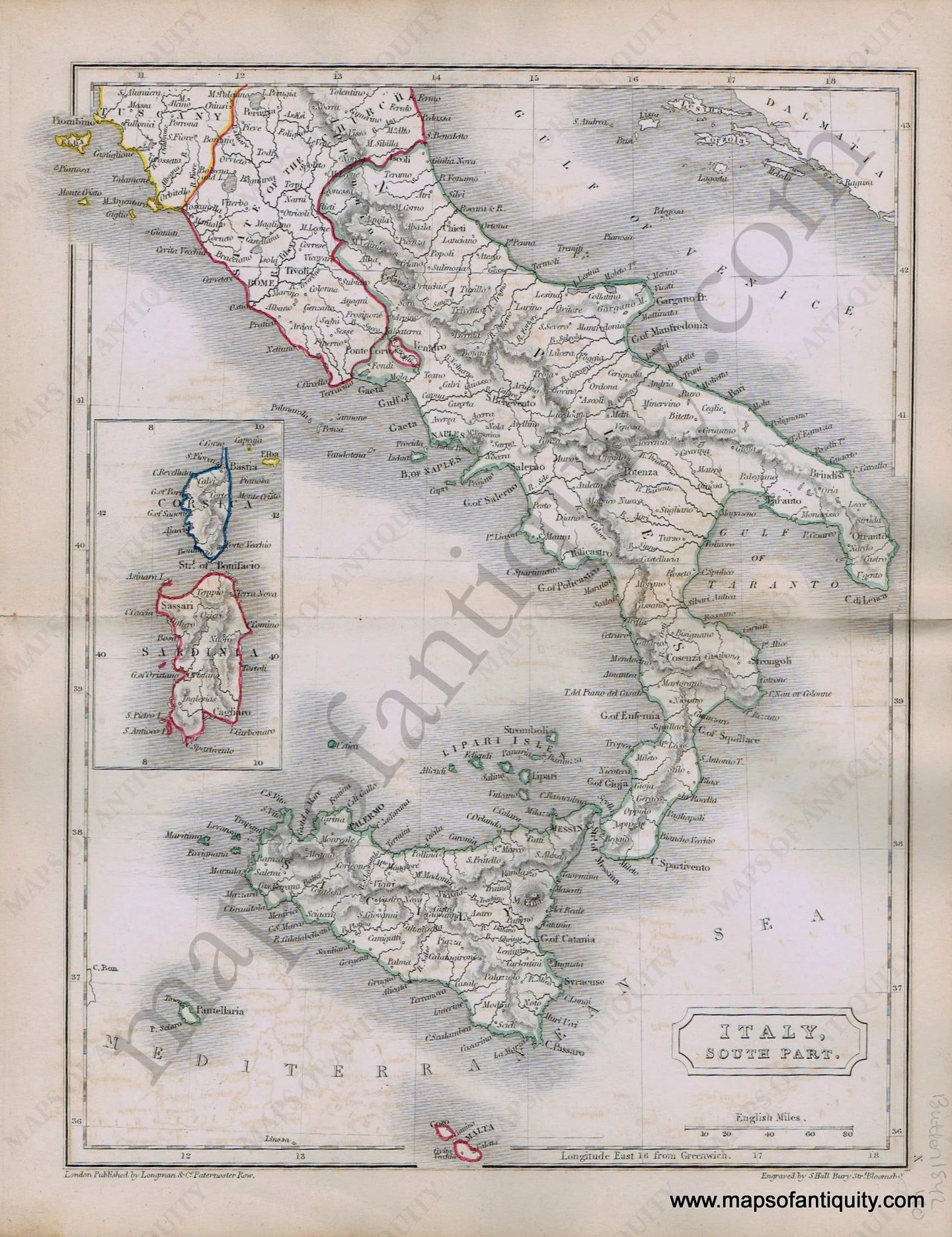 Antique-Hand-Colored-Map-Italy-South-Part.-1842-Butler-Italy-1800s-19th-century-Maps-of-Antiquity