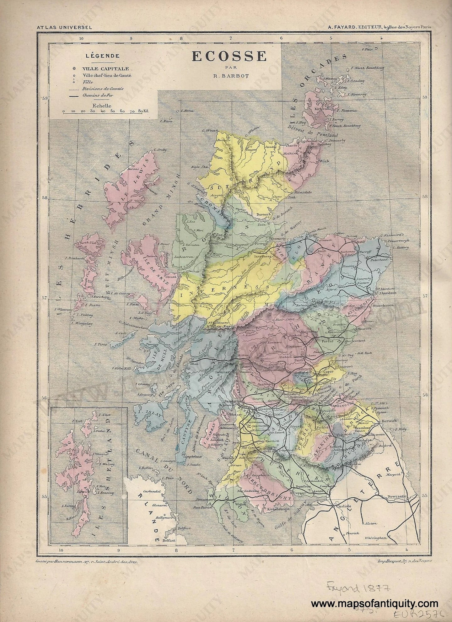 Antique-Map-Scotland-Ecosse-Country-Fayard-Atlas-Universel-French-1877-1870s-1800s-Mid-Late-19th-Century-Maps-of-Antiquity