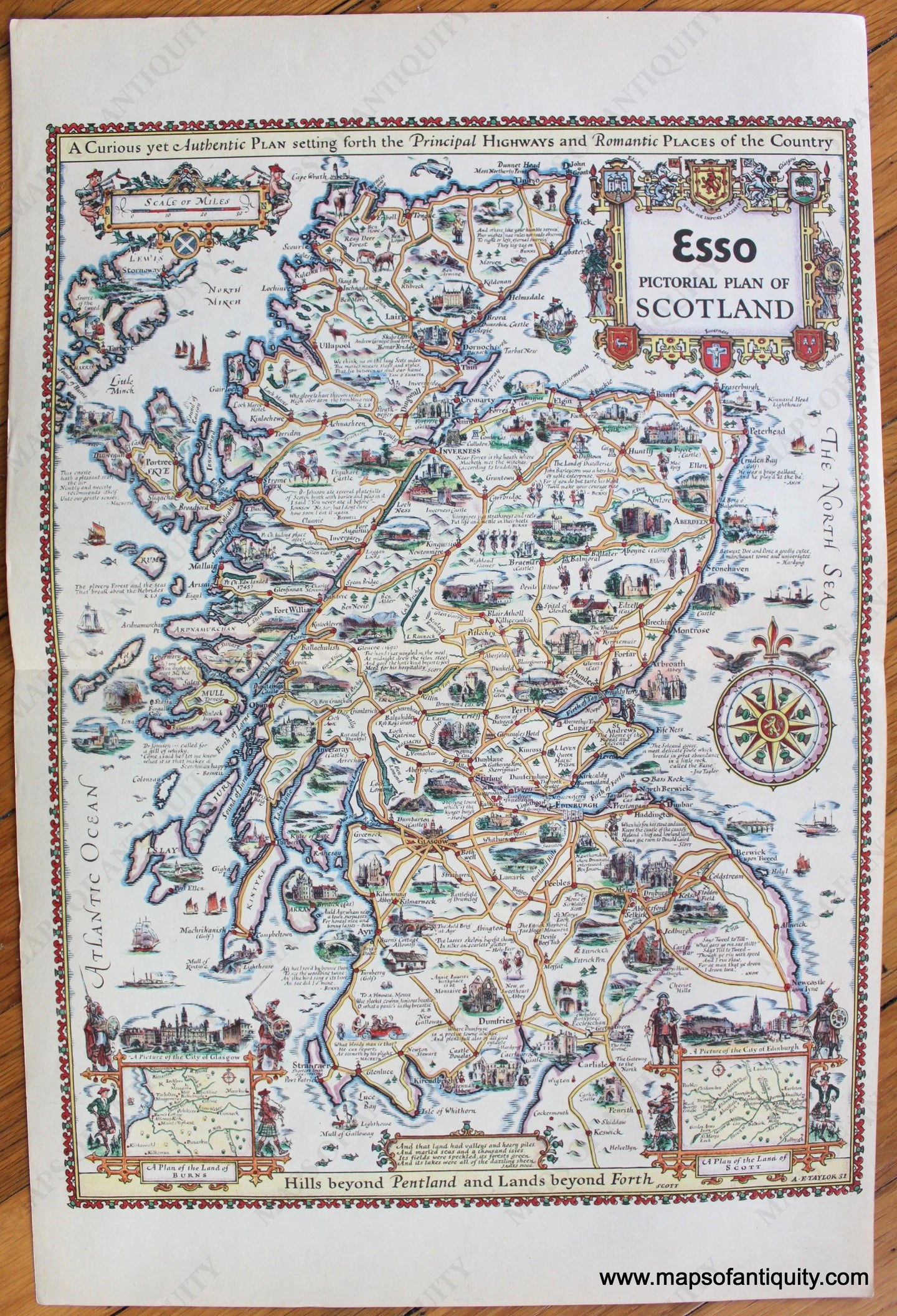 Antique-Printed-Color-Pictorial-Map-Esso-Pictorial-Plan-of-Scotland-1933-A.E.-Taylor-Ireland-1900s-20th-century-Maps-of-Antiquity