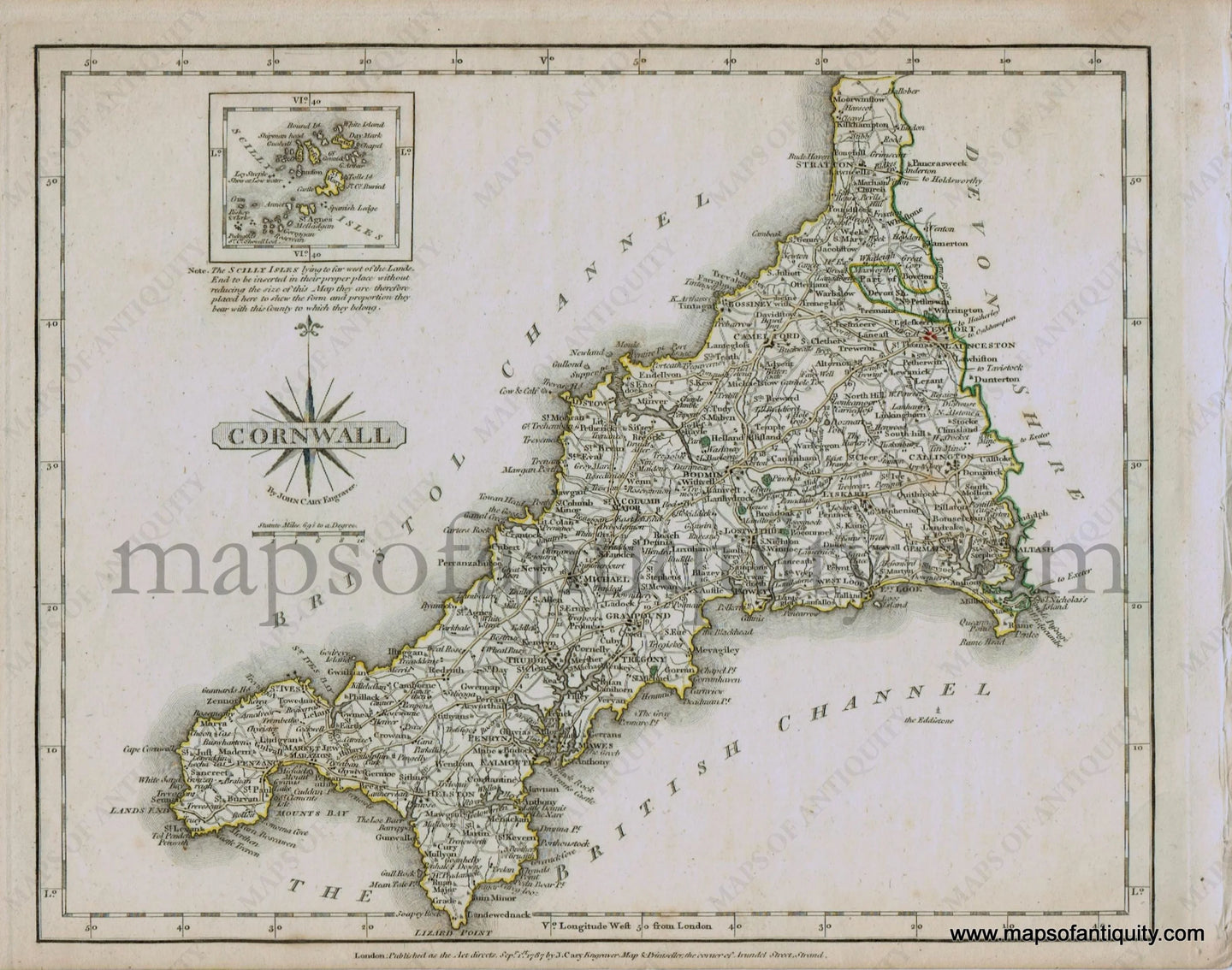 Antique-Hand-Colored-Map-Cornwall-1787-John-Cary-England--1700s-18th-century-Maps-of-Antiquity