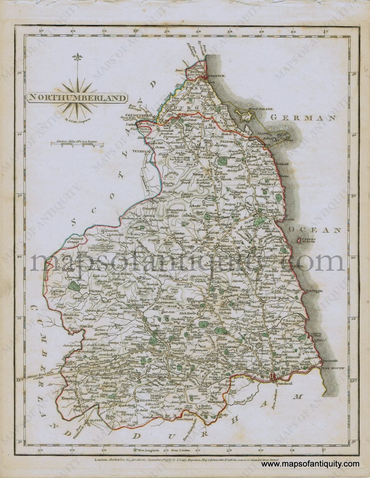 Antique-Hand-Colored-Map-Northumberland-1787-John-Cary-England--1700s-18th-century-Maps-of-Antiquity