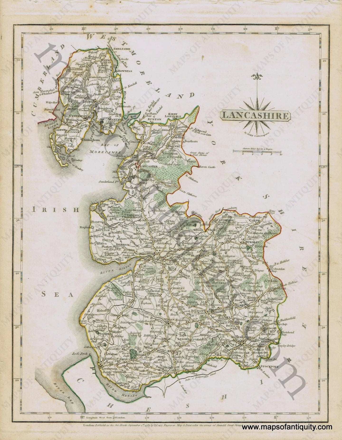 Antique-Hand-Colored-Map-Lancashire-1787-John-Cary-England--1700s-18th-century-Maps-of-Antiquity