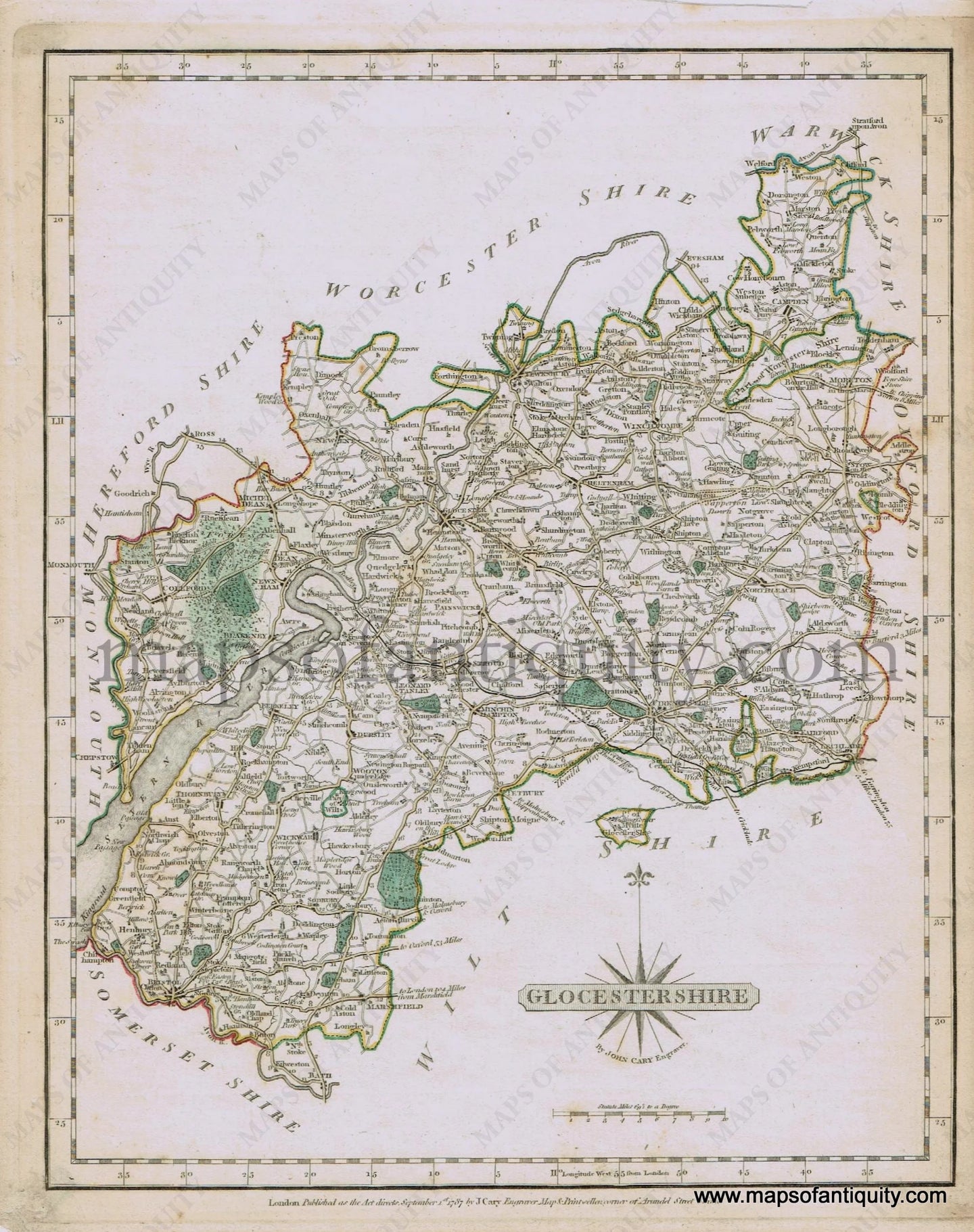 Antique-Hand-Colored-Map-Glocestershire-1787-John-Cary-England--1700s-18th-century-Maps-of-Antiquity