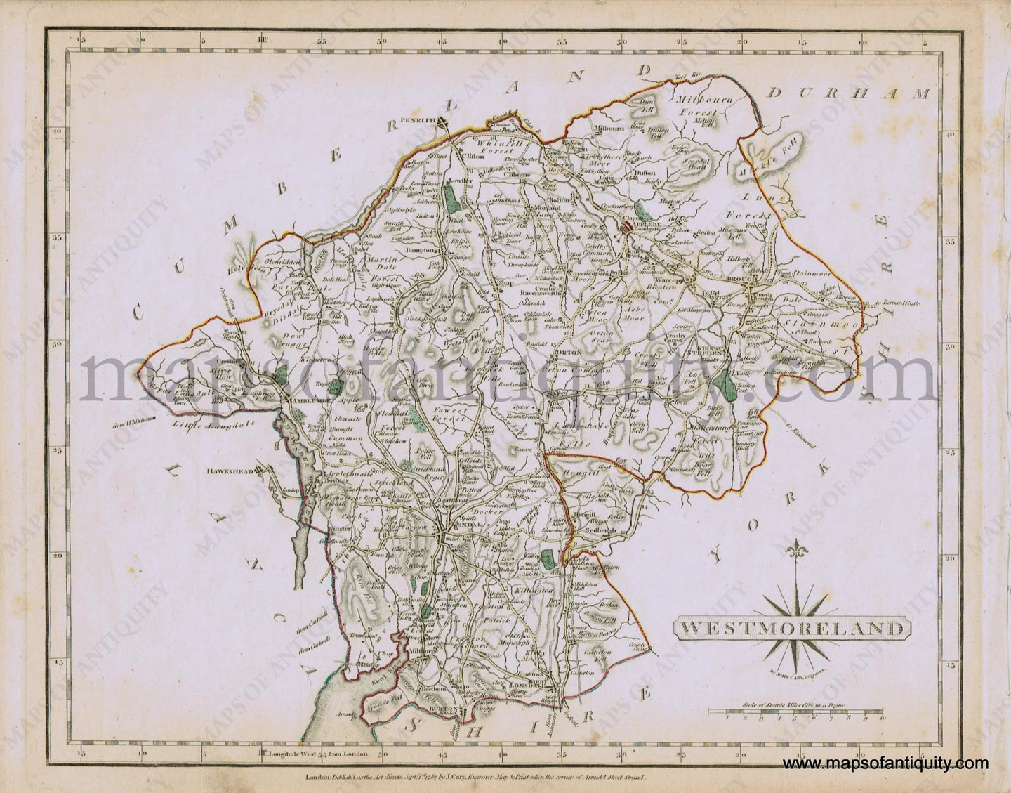 Antique-Hand-Colored-Map-Westmoreland-1787-John-Cary-England--1700s-18th-century-Maps-of-Antiquity