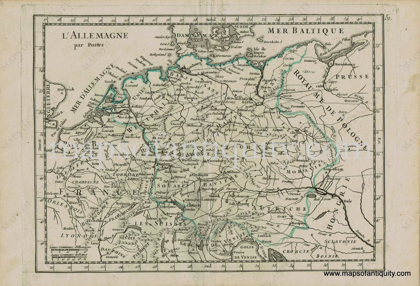 Antique-Hand-Colored-Map-Europe-L'Allemagne-par-Postes-1748-Le-Rouge-Germany-1700s-18th-century-Maps-of-Antiquity