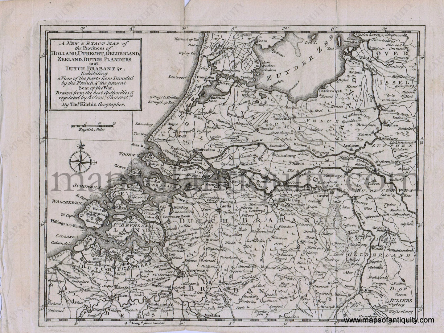 Antique-Black-and-White-Map-Europe-A-New-and-Exact-Map-of-the-Provinces-of-Holland-Utrecht-Gelderland-Zeeland-Dutch-Flanders-and-Dutch-Brabant-&c.-Exhibiting-a-View-of-the-parts-now-Invaded-by-the-French-&-the-present-Seat-of-the-War.-1747-Kitchin-/-London-Magazine-Holland-&-The-Netherlands-1700s-18th-century-Maps-of-Antiquity