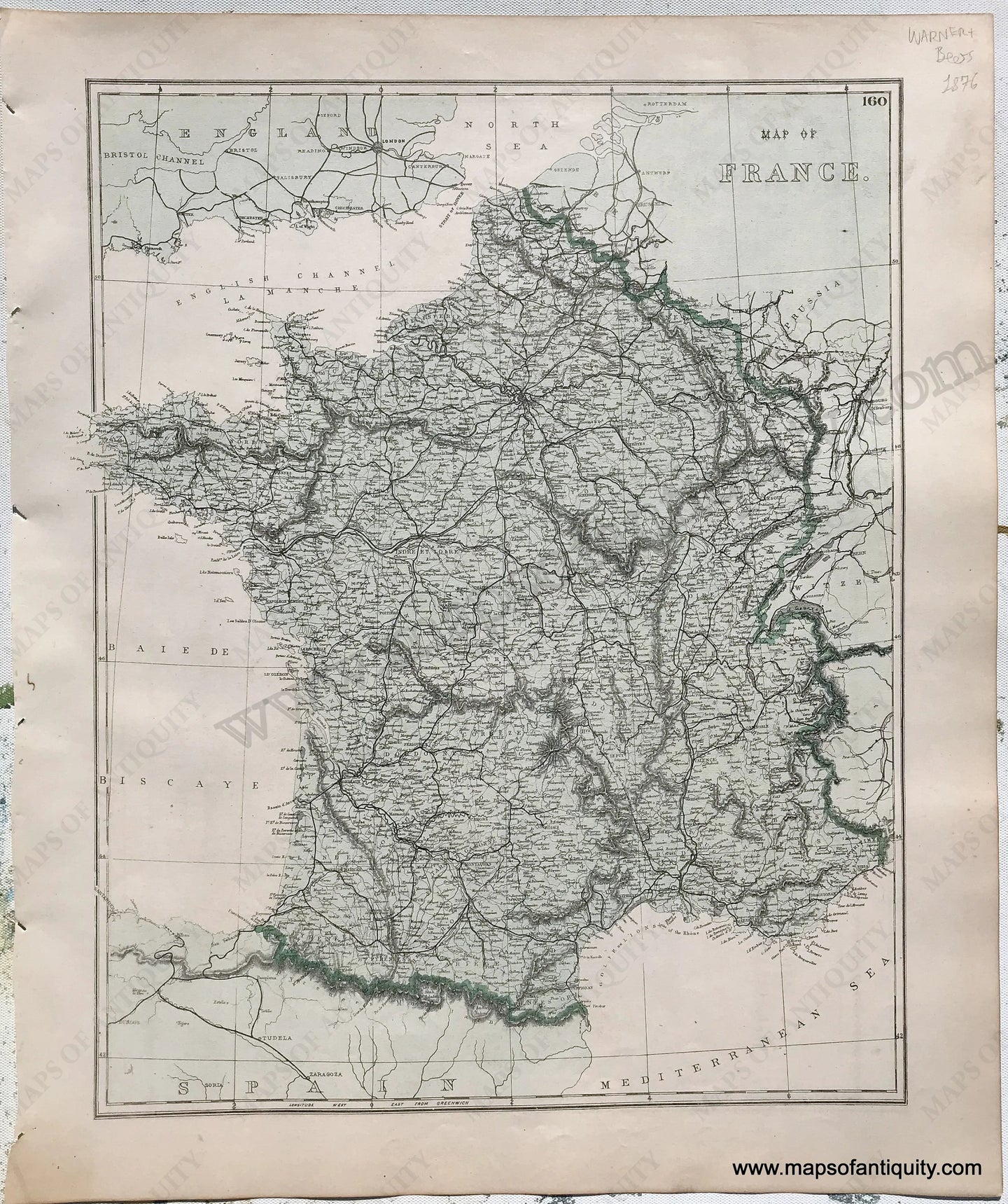 Antique-Hand-Colored-Map-Map-of-France;-verso:-Map-of-the-German-Empire-1876-Warner-&-Beers-/-Union-Atlas-Co.--1800s-19th-century-Maps-of-Antiquity