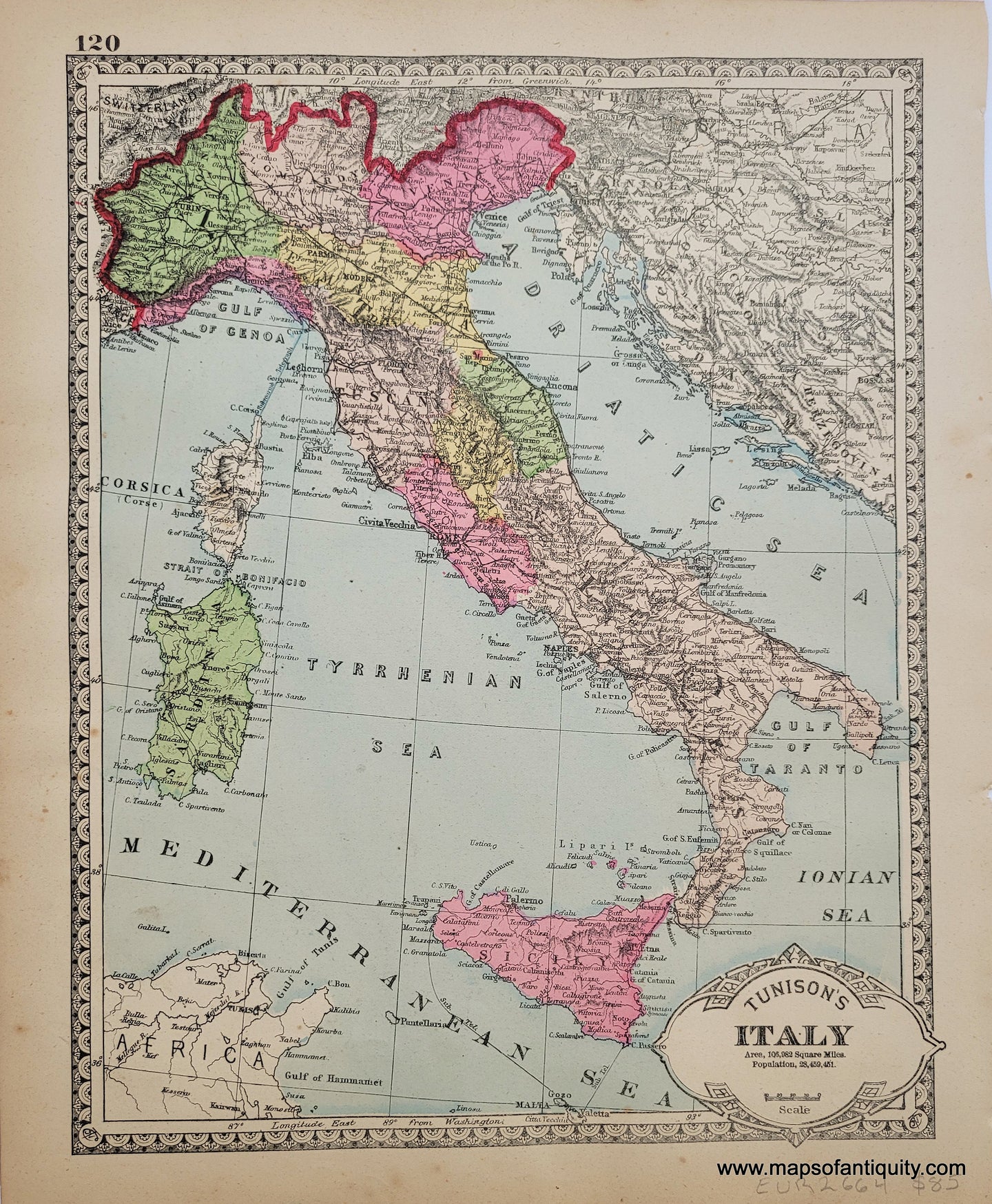 1887 - Tunison's Italy; verso: Tunison's Austria - Antique Map