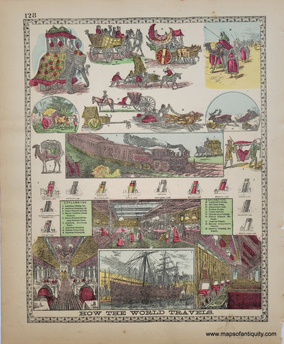 Antique double-sided sheet from Tunison's Peerless Universal Atlas of the World, 1887 by H.C. Tunison. On one side is an illustrated page showing methods of transportation from around the world, on the other side is a map of part of Russia including Poland, the Baltics, and the Caucasus. Vibrant original color. 