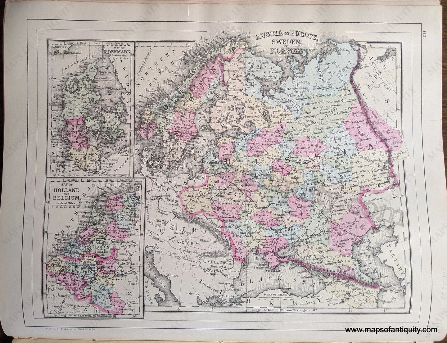 Antique-Hand-Colored-Map-Russia-in-Europe-Sweden-and-Norway-/-Map-of-Denmark-/-Map-of-Holland-and-Belgium-Europe-Russia-1884-Mitchell-Maps-Of-Antiquity-1800s-19th-century