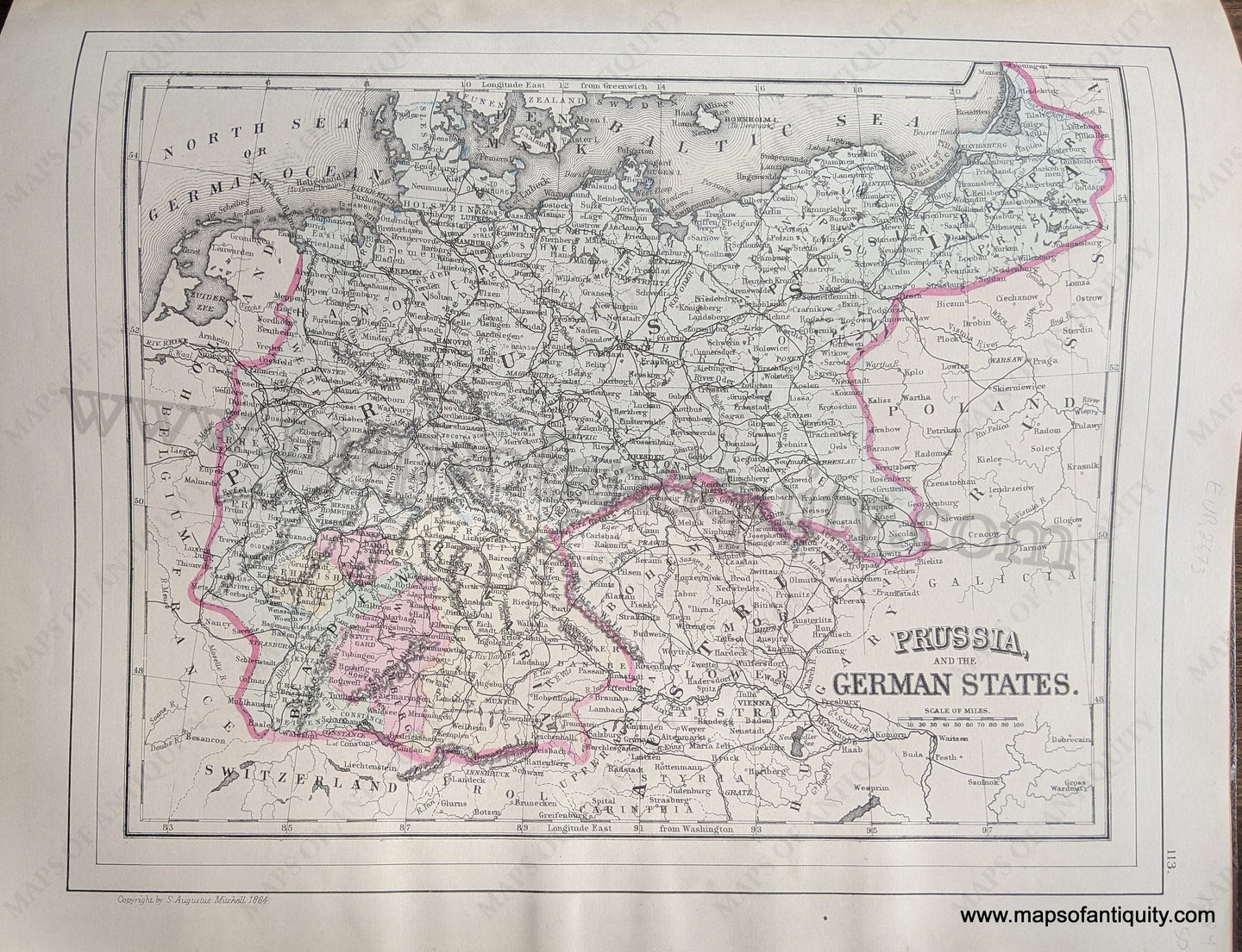 Antique-Hand-Colored-Map-Double-sided-map:-Prussia-and-the-German-States;-verso:-Map-of-the-Austrian-Empire-Italian-States-Turkey-in-Europe-and-Greece-Europe-Prussia-1884-Mitchell-Maps-Of-Antiquity-1800s-19th-century