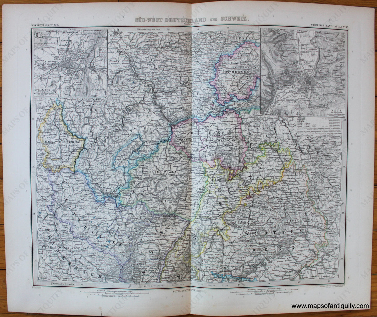 Antique-Printed-Color-Map-Germany-and-Switzerland---Sud-West-Deutschland-und-Schweiz-(South-western-Germany-and-Switzerland-northern-sheet)-Europe-Germany-c.-1889-Stieler-Maps-Of-Antiquity-1800s-19th-century