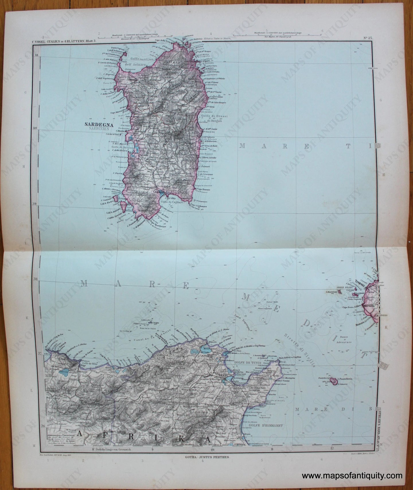 Antique-Printed-Color-Map-Sardinia---Italien-in-4-Blattern-Blatt-3-Europe-Italy-c.-1889-Stieler-Maps-Of-Antiquity-1800s-19th-century