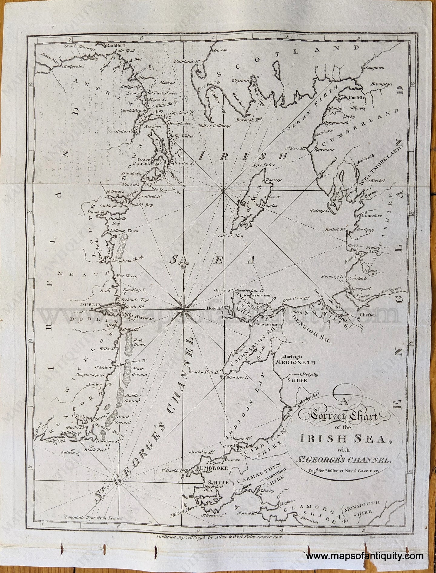 Genuine-Antique-Map-A-Correct-Chart-of-the-Irish-Sea-with-St-George's-Channel-Europe--1795-Malham's-Naval-Gazetteer-Maps-Of-Antiquity-1800s-19th-century