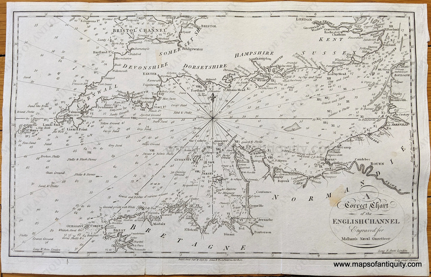 Genuine-Antique-map-A-Correct-Chart-of-the-English-Channel-Engraved-for-Malhams-Naval-Gazetteer-Europe-France-1795-Malham's-Naval-Gazetteer-Maps-Of-Antiquity-1800s-19th-century