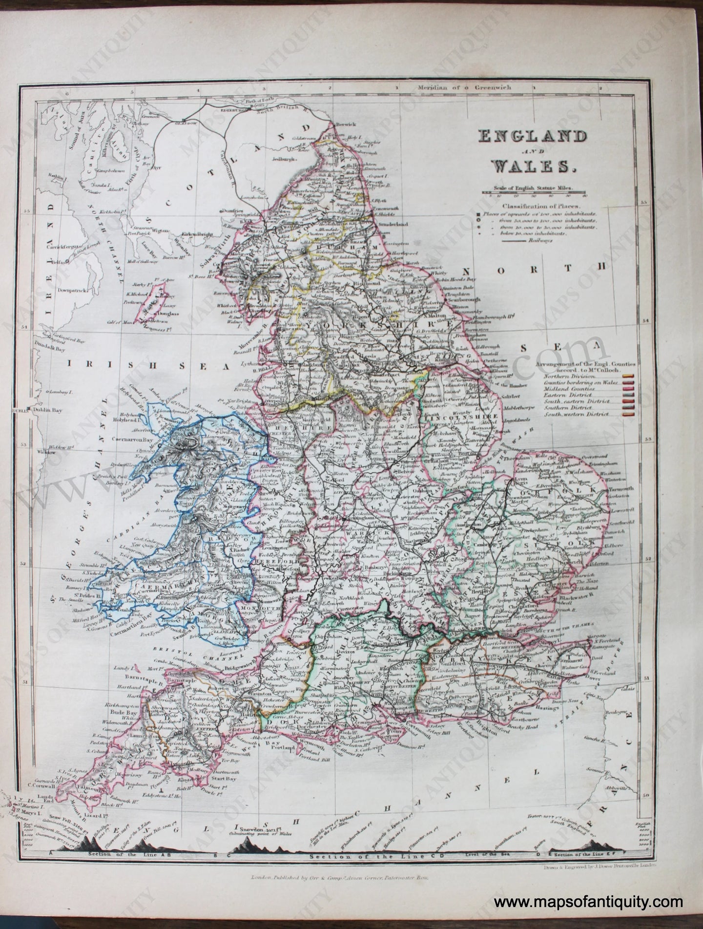 Genuine-Antique-Map-England-and-Wales-Europe-England-1850-Petermann-/-Orr-/-Dower-Maps-Of-Antiquity-1800s-19th-century