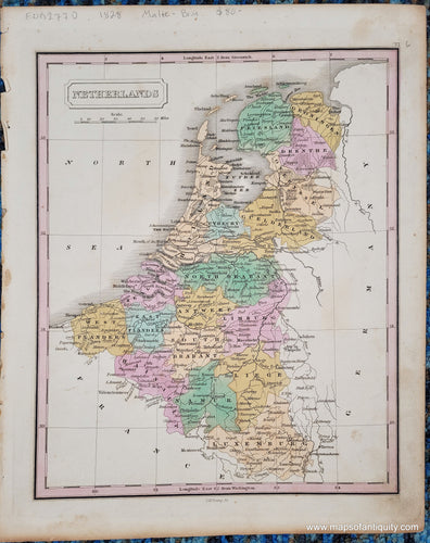 Antique map of the Netherlands or Holland, colored by province in antique tones of pink, green, yellow, blue, peach, and showing rivers, towns, villages, etc. Published in 1828