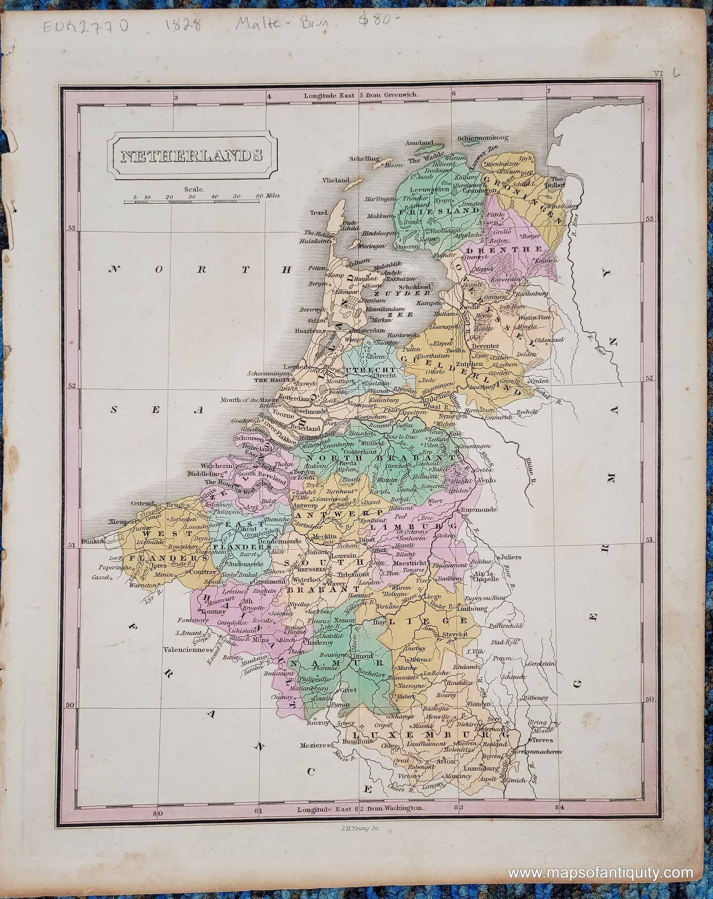 Antique map of the Netherlands or Holland, colored by province in antique tones of pink, green, yellow, blue, peach, and showing rivers, towns, villages, etc. Published in 1828