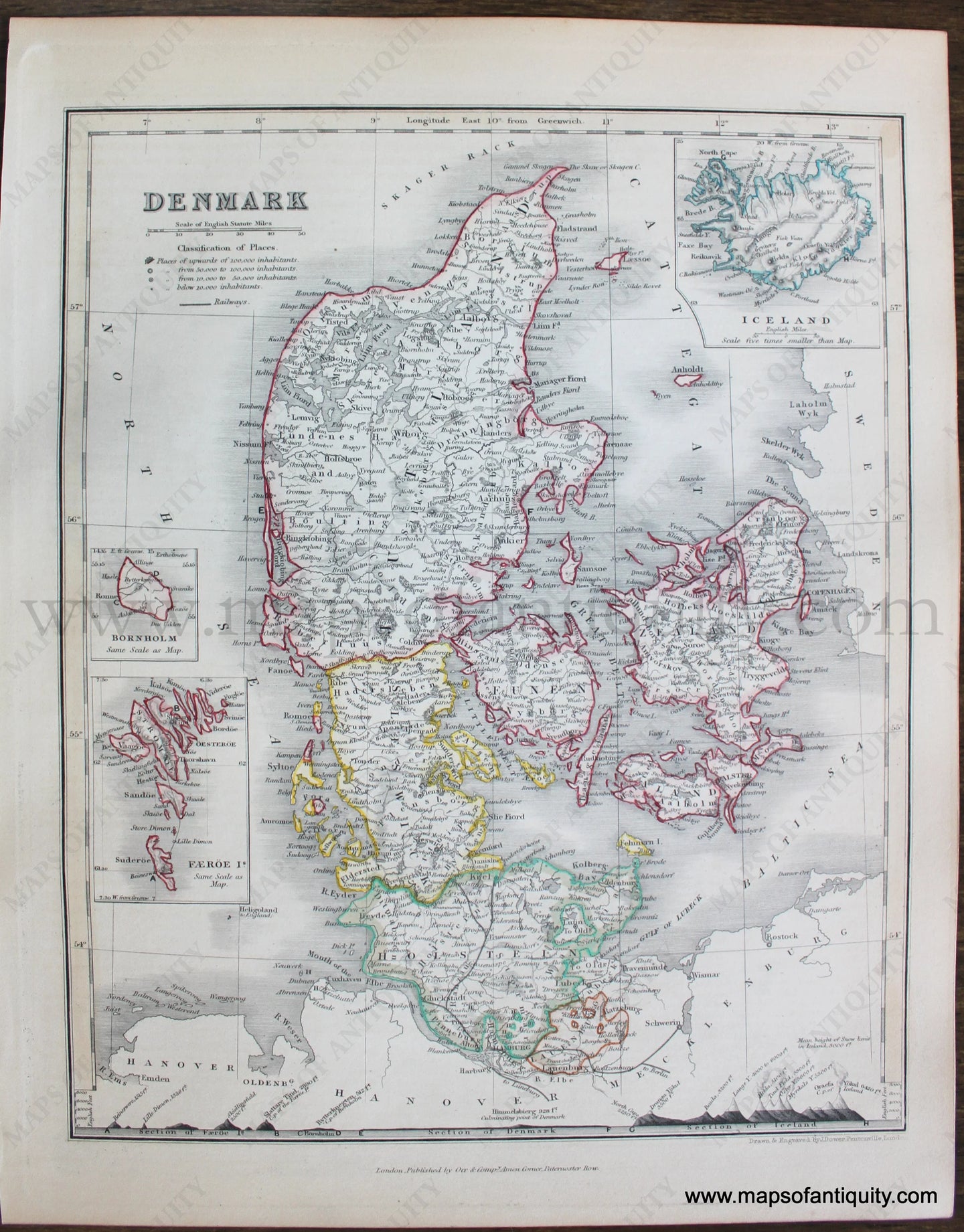 Genuine-Antique-Map-Denmark-Europe--1850-Petermann-/-Orr-/-Dower-Maps-Of-Antiquity-1800s-19th-century