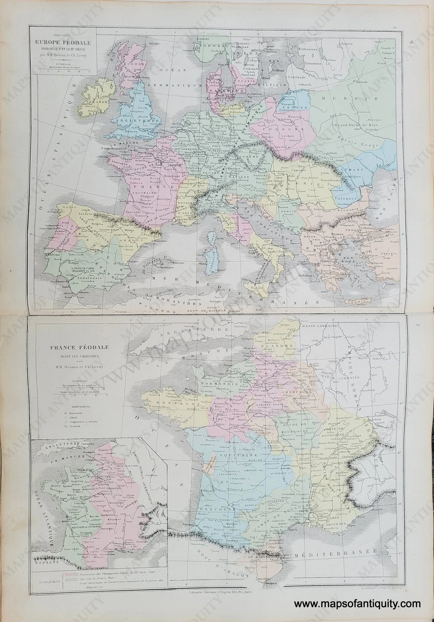 Genuine-Antique-Map-Feudal-Europe,-Feudal-France---888-1095-Europe-Feodale,-France-Feodale-avant-les-croisades-1875-Drioux-&-Leroy-EUR2811-Maps-Of-Antiquity